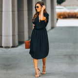 Sexy Deep V-neck Pockets Front Short Sleeve Summer Dress Black Cotton Tunic Women Clothes Elegant Midi Dresses Vestidos Q1091