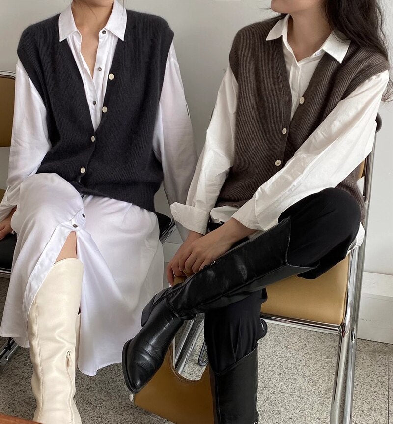 Drespot Knitted Sweater Vest Women Stretchy Simple Basic Daily V-neck Solid Open-stitch Female Korean Clothes