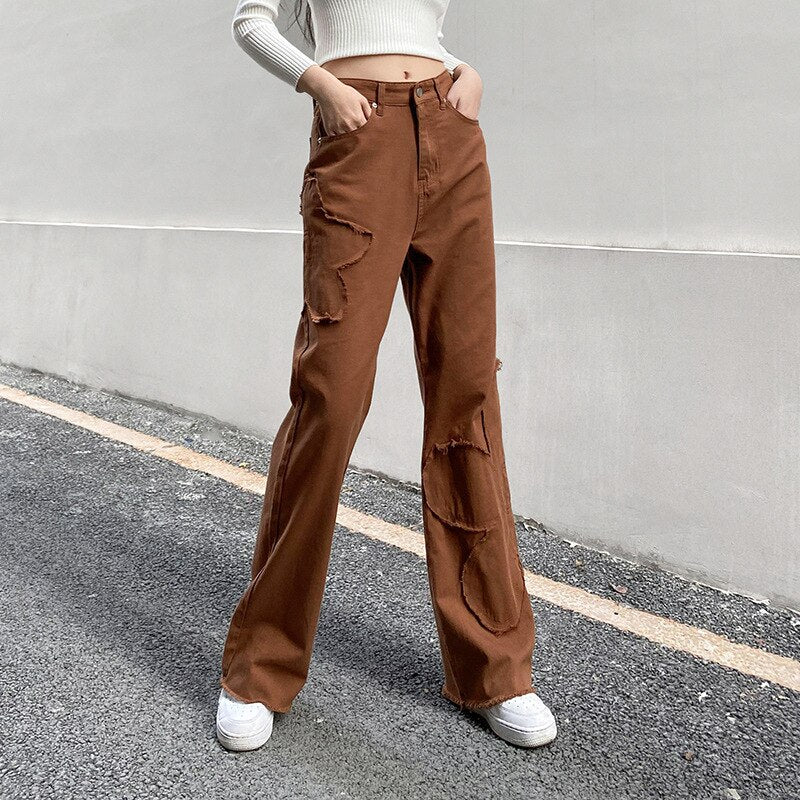 Fall New Brown Floral Baggy Jeans Women Vintage High Waisted Denim Pants Female Hot Popular Trousers 90S Harajuku Joggers Mujer