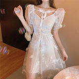 Elegant White Midi Dress Women Summer Sexy Lace A Line Tulle Short Sleeve Party Dress Sweet Butterfly Tunic Lady Vestidos