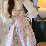 Drespot Vintage Floral 2 Piece Dress Set Women Casual Design Kawaii Lolita Dress Female Y2k Mini Dress Korean Fashion Suits  Autumn