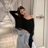 Drespot New Spring Summer Women Casual Loose V-neck Knitted Long Sleeve T-shirt Autumn Sexy Club Solid Off Shoulder Thin Crop Tops Shirt