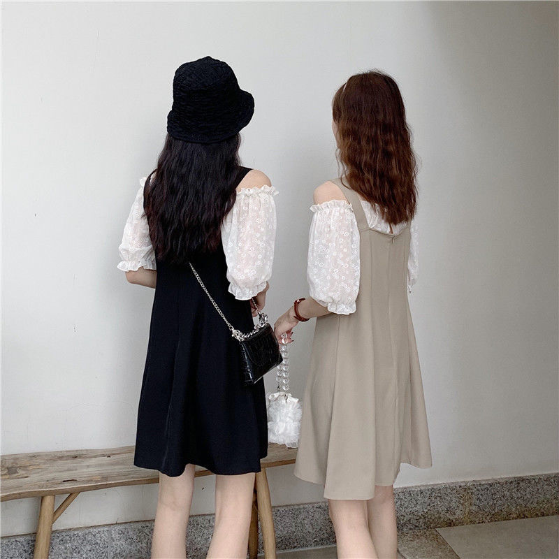 Dress Women Lace Patchwork Strap Dresses Korean Sweet Short Puff Sleeve Fake 2 Pieces Slim Knee-length Vestido Elegant Friends