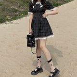 Drespot Summer Dress Plaid Grunge Kawaii Bow Lace Dresses Women Cute Preppy Style Lolita Gothic Japanese Harajuku Dark Outfits