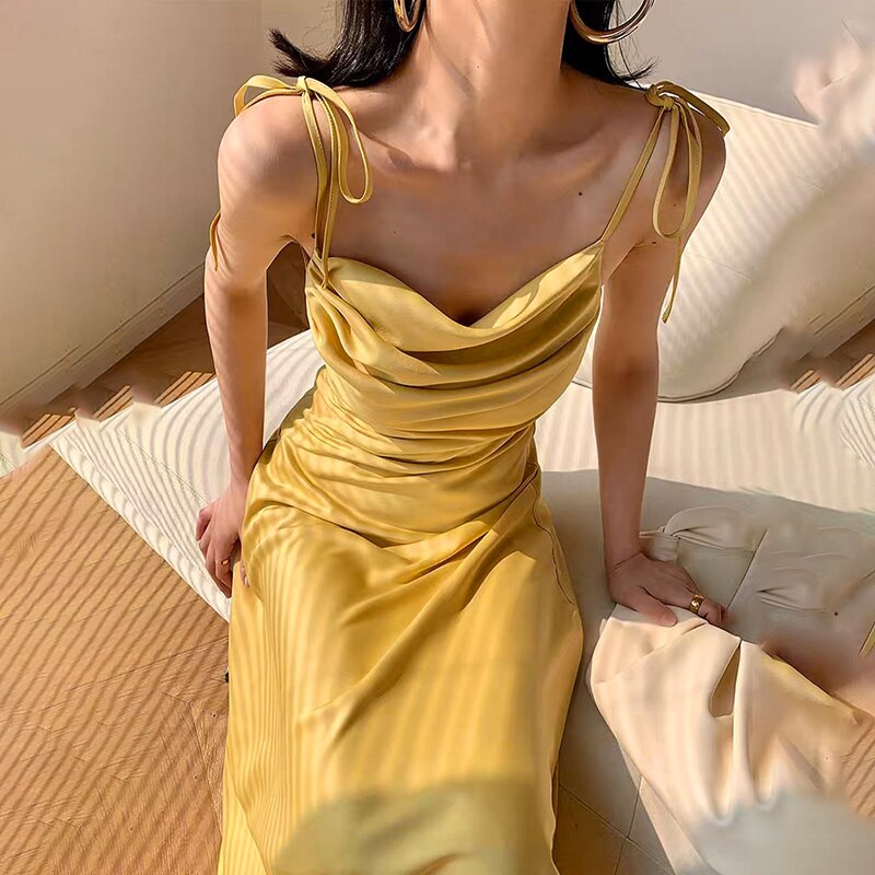 Drespot  Ruched Front Bow Strapdress For Women Summer Satin Party Dress Sleeveless Yellow V-Neck Sexy Long Casual Dress New