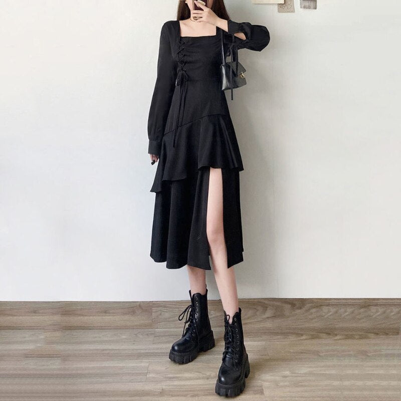 Black Sexy Gothic Dress Women Bandage Long Sleeve Midi Dresses Square Collar Vintage Streetwear Ruffle Split Female Robe
