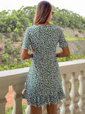 Drespot Green Floral Dress Women Short-sleeved Lace-up Waist V-neck Short Dress Summer A-line Bohemian Flounced Edge Mini Dress