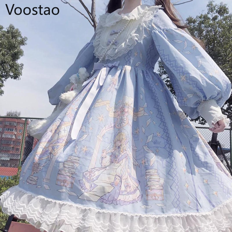 Drespot  Japanese Spring Summer sweet Lolita Dress Women Kawaii Victorian Tea Party Long Sleeves Lace Gothic Girls Lolita Dresses Cosplay
