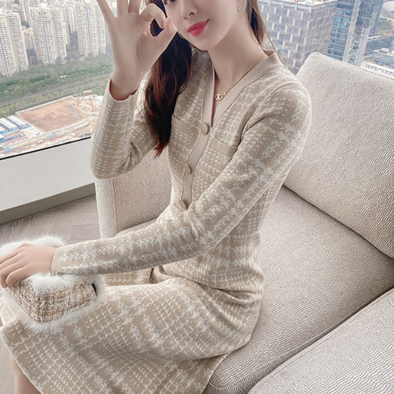Drespot Vintage Button Plaid Sexy Sweater Woman Dress Elegant Korean Evening Long Sleeve V-Neck Maxi Dresses for Women Party Autumn
