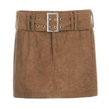 Drespot Y2K Mini Skirt With Buckle Belt Low Rise Corduroy Micro Short Skirts Women E-Girl Aesthetic Clothes