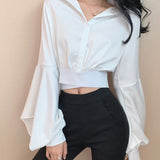 Drespot   Spring Sexy Y2k Blouse Women V Neck Button Long Sleeve Vintage Casual Crop Tops Female Outdoor Korean Fashion Chiffon Shirt
