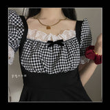 Drespot Maid Dress Woman Summer Black Kawaii Plaid Mini Dresses Sweet Cute Lace Preppy Style Lolita Vintage Streetwear Outfits