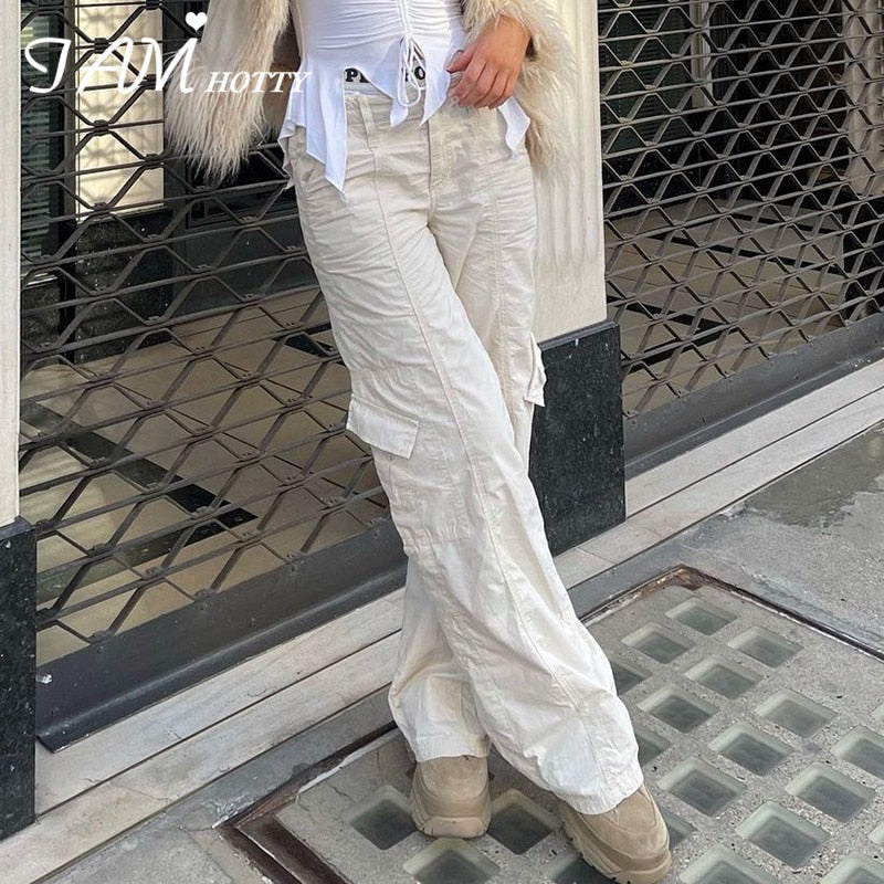 Back To School Outfits Vintage Morandi Color Big Pockets Cargo Pants Women Baggy Oversized Denim Trouser Casual Jeans Wide Leg Grunge Clothes Iamhotty