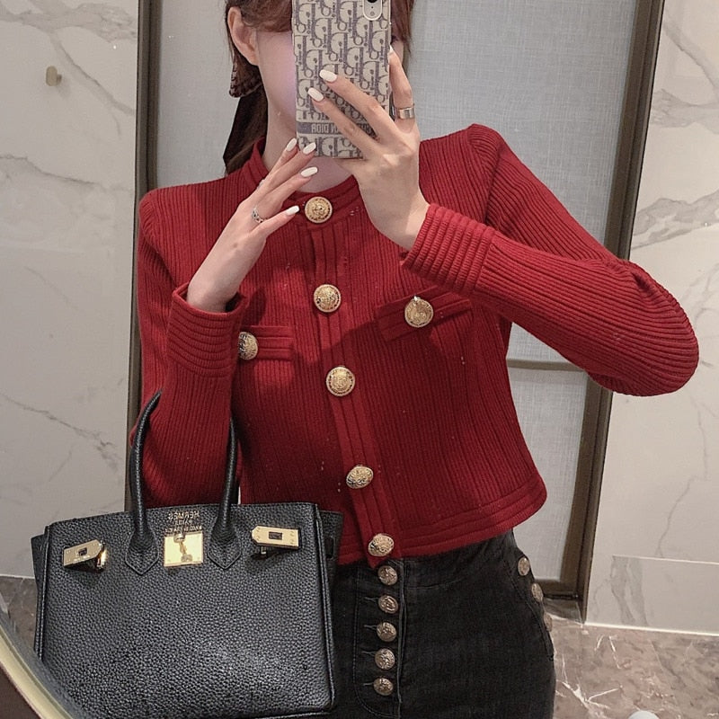 Drespot  Spring Autumn Korean Fashion Casual Elegant Button Long-Sleeved Knitted Cardigan Women Luxury Sweater Mujer Crop Top Pull Femme