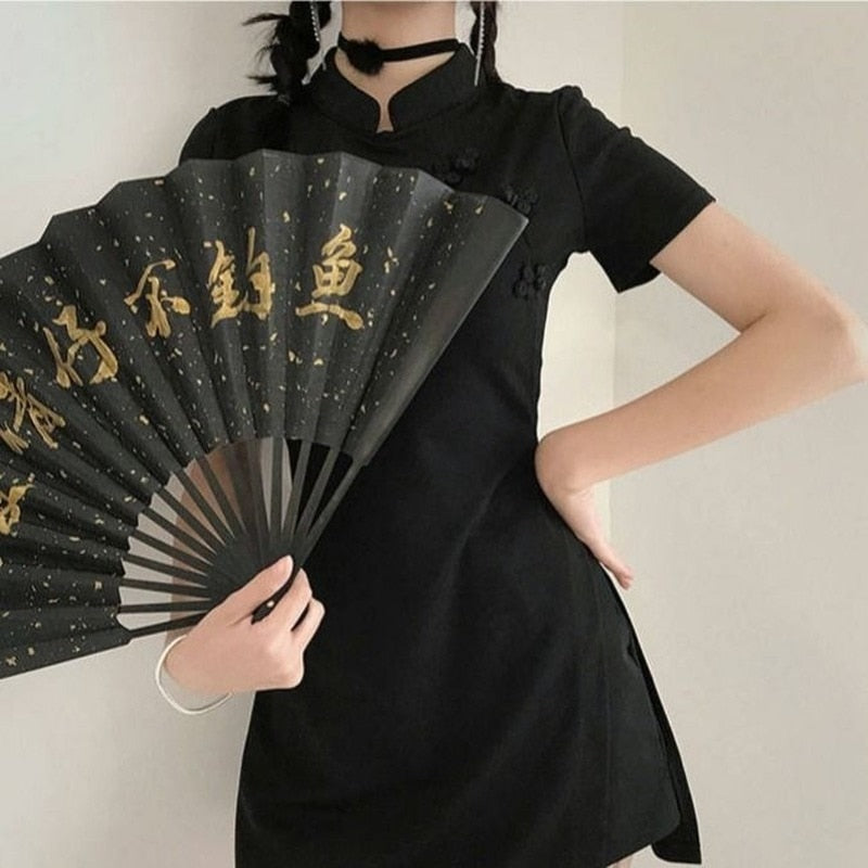 Drespot Chinese Style Black Cheongsam Dress Women Summer  Qipao Vintage Sexy Bodycon Short Sleeve Mini Dresses Women