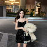 Drespot Black Dress Summer Slip Bodycon Sequin Backless Mini Sundresses Women Off Shoulder Sexy Party Sukienki Damskie