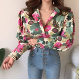 Drespot Autumn Lantern Sleeve Shirts Women Floral Blouse Long Sleeve Buttons Vintage Shirts Elegant Blouses Tops Female