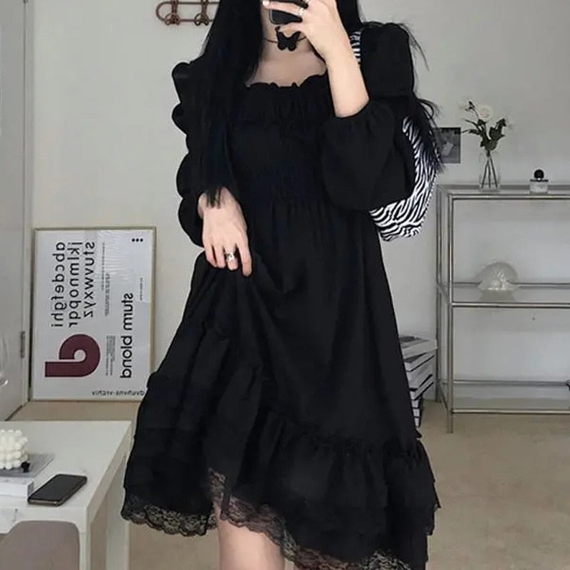 Drespot Gothic Black Lace Ruffle Dress For Girls Princess Party Ruched Fairy Grunge Long Sleeve Dresses Woman  Fashion Korean