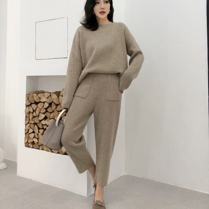 Drespot  Knitted 2 Piece Set Tracksuits Women  Autumn Winter Thick Warm O-neck Loose Sweater Pullover + Slim Pants Two Piece Set