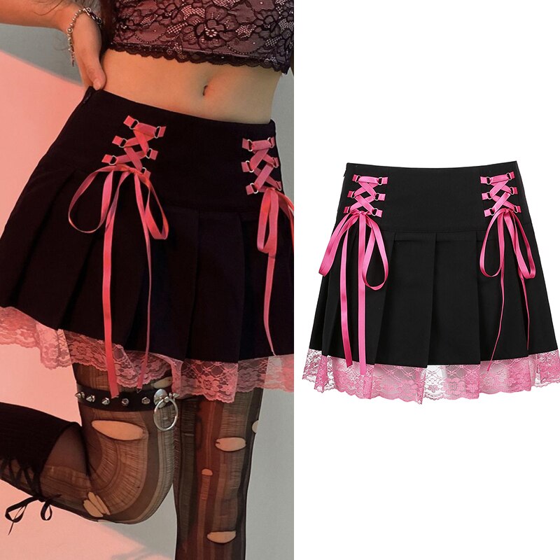 Harajuku Gothic Plaid Print Pleated Skirt Women Kawaii Tie Up Bandage Lace Patchwork Aesthetic Mini Skort Korean 90sIamhotty