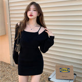 Drespot Knitted Bodycon Mini Dress Women Korean Fashion Wrap Off Shoulder Short Dresses  Spring Autumn Robe Vestidos Female