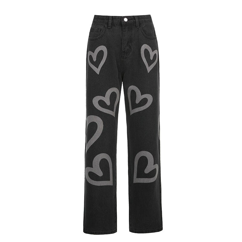 Heart Printed Straight Mom Jeans Women Harajuku Baggy High Waist Denim 90s Korean Joggers Streetwear Trousers Black Iamhotty