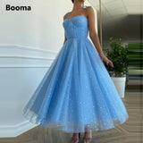 Drespot Fairy Blue Princess Prom Dresses Sparkly Starry Tulle Strapless Short Prom Gowns Pleated Tea-Length A-Line Formal Party Gowns