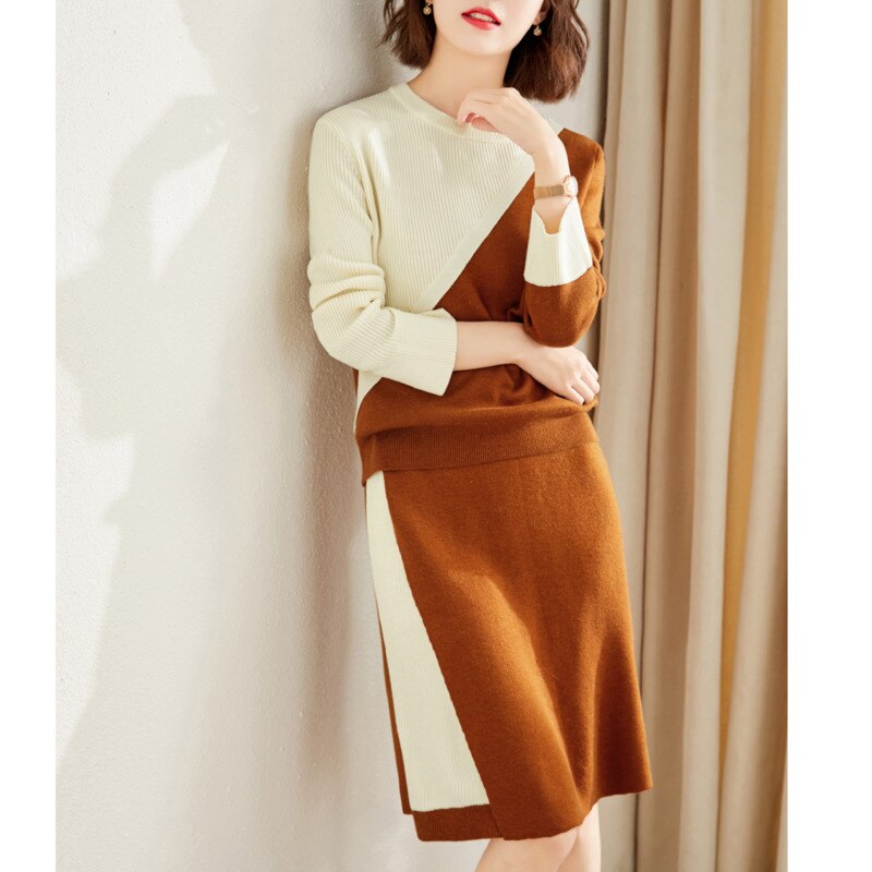 Drespot  Fall Elegant Knitted 2 Piece Sets Womens Outfits Long Sleeve Pullovers Sweater Tops + Skirts Sets Korean Fashion Two Piece Set