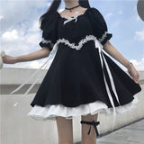 Drespot Gothic Goth Lolita Kawaii Dress Women Soft Girl Japanese Harajuku Cute Short Puff Sleeve Black Dress  Prom Sundress