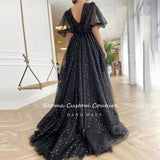 Drespot Black Starry Tulle Prom Dresses Sparkly V-Neck Half Puff Sleeves Ruched Wedding Party Dresses Slits Long A-Line Prom Gowns