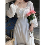 Drespot Vintage Elegant Fairy Princess White Lace Dress Woman French Retro Square Collar Designer Slim Dress  Autumn Clothes