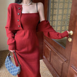 Drespot  High Quality Autumn Winter Casual Knitted Two Piece Set Women Crop Top Sweater Cardigan Coat + Lace Up  Long Dress Suits