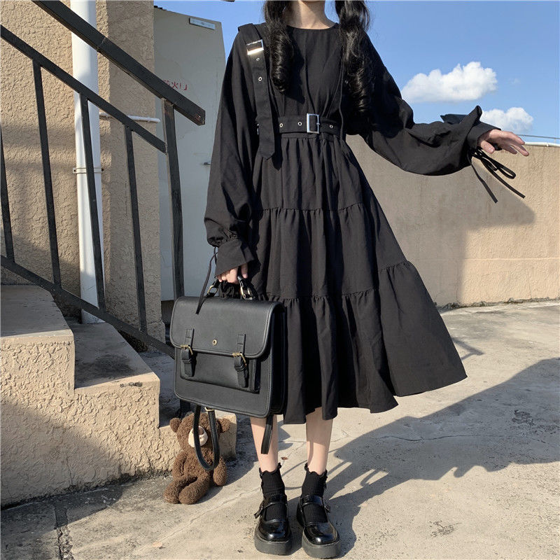 Japanese Gothic Style Black Dresses Women Harajuku Lolita Goth Kawaii Dress Punk Cute Long Sleeve Dark  Midi Vestidos Mujer New