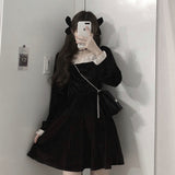 Black Dress Women Lace Patchwork Gothic Dark Long Sleeve Short Dresses Square Collar Oversized Preppy Style Partywear