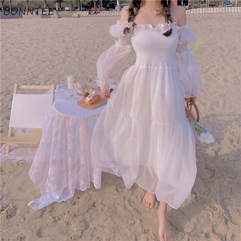 Long Sleeve Dress Women Gentle Slash-neck Temperament Solid Summer Holiday Femme Vestidos Mid-calf Elegant Korean Style Casual