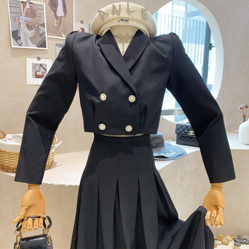 Drespot  Fall Winter New Korean Fashion Casual Two Piece Set Women Short Blazer Coat+ High Waist Pleated Skirt Sets Streetwear 2pcs Suits