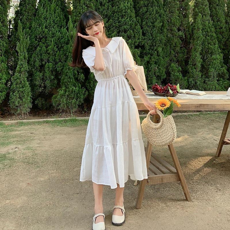 Drespot Pueple Puff Sleeve Dress Women's Summer Sundresses Mori Girl Kawaii Cute Peter Pan Collar Dress  Elegant Ruched Kpop