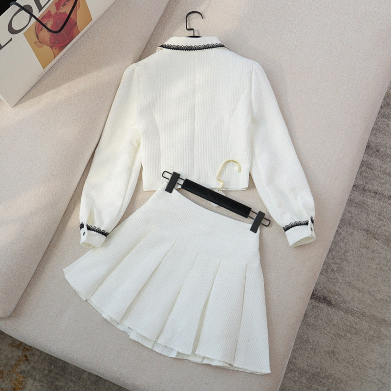 Drespot  Spring Fall Small Fragrance Two Piece Set Women Crop Top Bow Short Jacket Coat + Pleated Skirts Sets Korean Sweet 2 Piece Suits