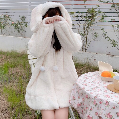 Drespot  Japanese Style Autumn Winter Women Sweet Warm Jacket Kawaii Soft Lambswool Ruffles Rabbit Ears Hooded Coats Girls Parkas Outwear
