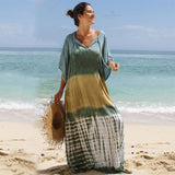 Bohemian Short Sleeve Side Split Long Summer Beach Dress Tunic Casual Women Beachwear Kaftan Sarongs Beach Dress Q1330