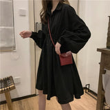 Drespot Shirt Dress Women Korean Style Polo Collar Black Long Sleeve Wrap Mini Dress Casual Solid Kpop Clothes Woman
