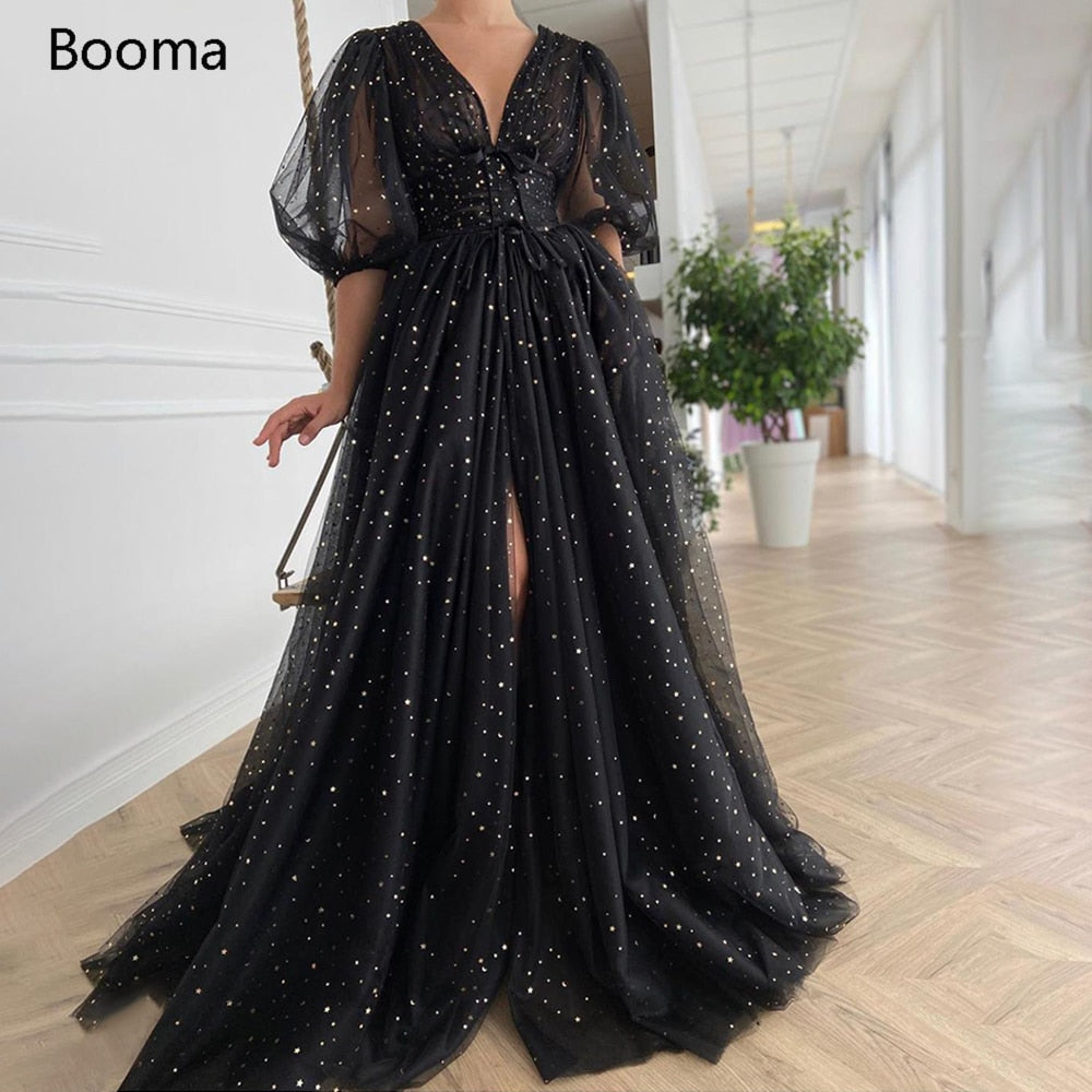 Drespot Black Starry Tulle Prom Dresses Sparkly V-Neck Half Puff Sleeves Ruched Wedding Party Dresses Slits Long A-Line Prom Gowns