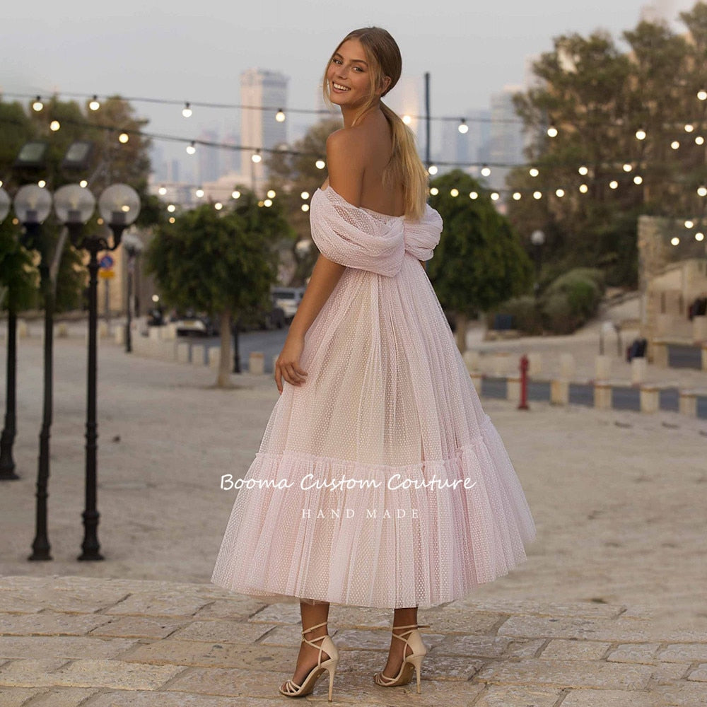 Drespot Blush Pink Short Prom Dresses  Off Shoulder Tiered Skirt A-Line Party Dresses Pleated Tea-Length Tulle Formal Gowns