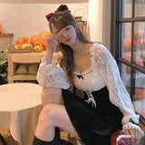 Drespot French Vintage Dress Women  Spring Casual Kawaii Lace Slim One Piece Dress Korean Elegant Retro Fairy Dress Female Cute Chic D11