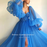 Drespot  Simple Blue Prom Dresses Long Puff Sleeves Exposed Boning Illusion Evening Dresses High Slit Tulle A-Line Formal Gowns