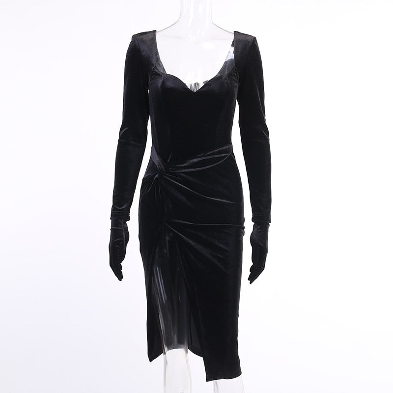 Drespot Wannathis Black Velvet Sexy Split Dresses Gloves Sleeve Fashion Gown Club Party Midi Dress For Women Clothing Autumn V-Neck