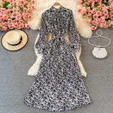 Drespot Spring New Women French Loose Pleated Printed Long Dress Elegant Long Sleeve A-line Lady Clothes  Autumn Female Maxi Dress
