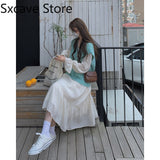 Drespot Sweet Fairy Midi Dress + Knit Sweater Vest 2 Piece Dress Set Women Outdoor Casual Korean Fashion Pure Color Elegant Dress Office