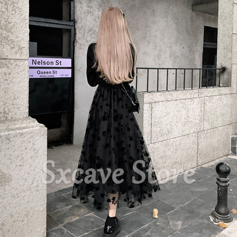 Drespot Gothic Black Dress Women Casual Vintage Knitted Midi Dress Party Elegant  Winter Y2k One Piece Dress Korean Fashion Outwear