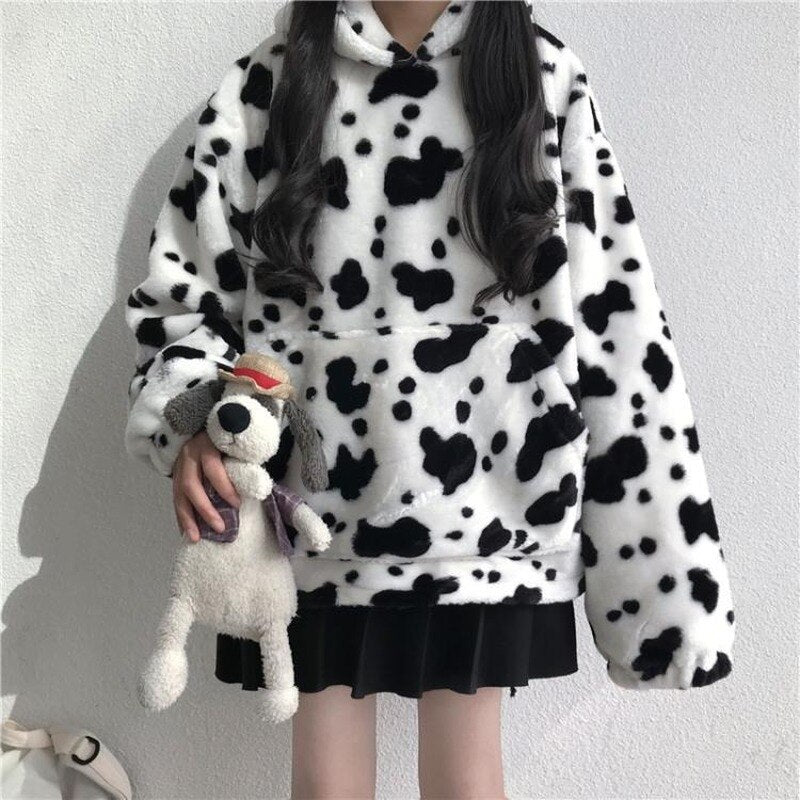 Drespot Cow Print Milk Kawaii Hoodes Women Sweet Cute Girl Lamb Wool Korean Fashion Hooded Sweatshirt Top Clothes Female